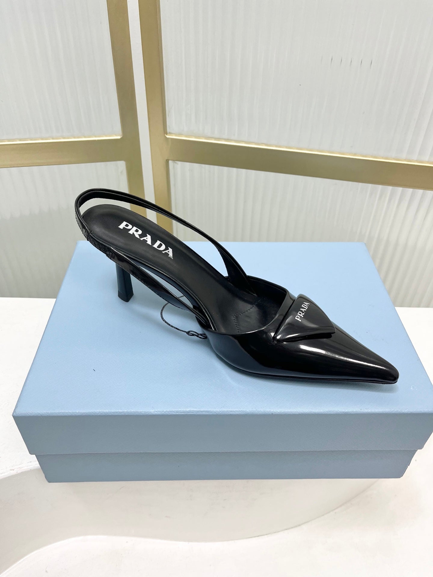 PRADA 26S SLINGBACK HIGH HEEL SANDALS 75MM IN BLACK CALFSKIN WITH LOGO