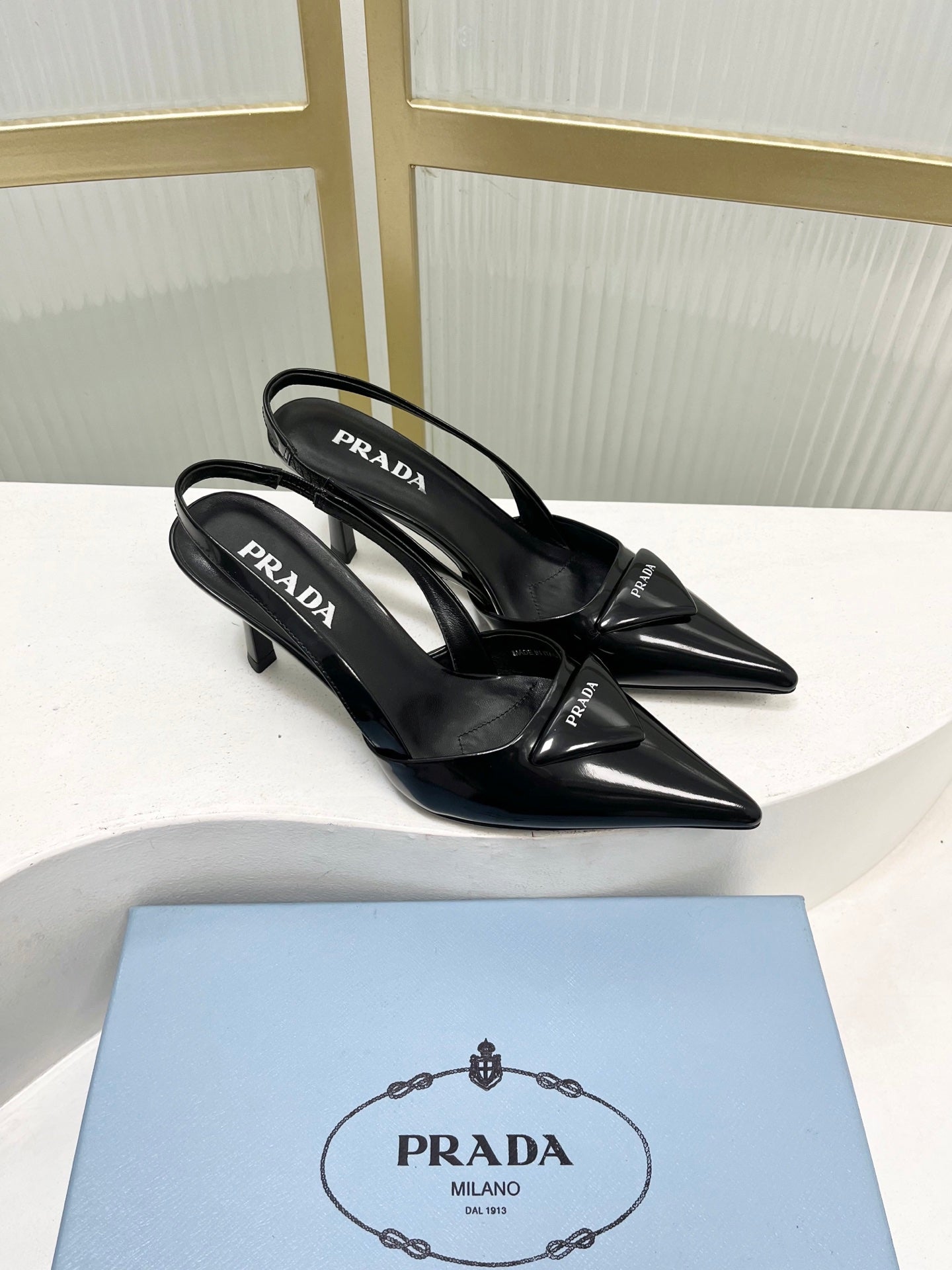 PRADA 26S SLINGBACK HIGH HEEL SANDALS 75MM IN BLACK CALFSKIN WITH LOGO