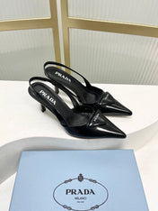 PRADA 26S SLINGBACK HIGH HEEL SANDALS 75MM IN BLACK CALFSKIN WITH LOGO