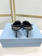 PRADA 26S SLINGBACK HIGH HEEL SANDALS 75MM IN BLACK CALFSKIN WITH LOGO