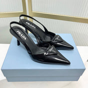 PRADA 26S SLINGBACK HIGH HEEL SANDALS 75MM IN BLACK CALFSKIN WITH LOGO