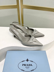 PRADA 26S SLINGBACK HIGH HEEL SANDALS 75MM IN LIGHT GRAY CALFSKIN WITH LOGO