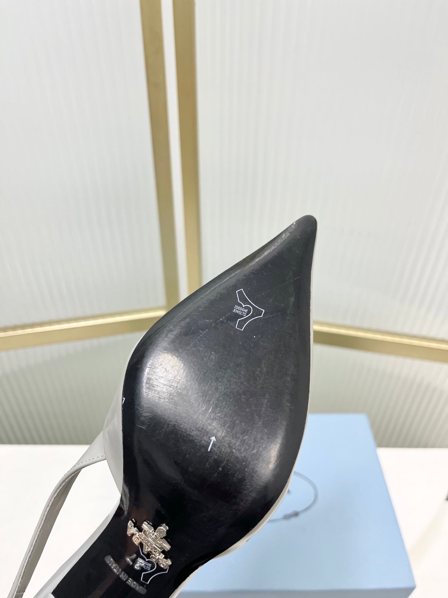 PRADA 26S SLINGBACK HIGH HEEL SANDALS 75MM IN LIGHT GRAY CALFSKIN WITH LOGO