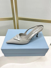 PRADA 26S SLINGBACK HIGH HEEL SANDALS 75MM IN LIGHT GRAY CALFSKIN WITH LOGO