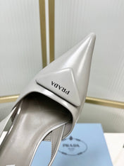 PRADA 26S SLINGBACK HIGH HEEL SANDALS 75MM IN LIGHT GRAY CALFSKIN WITH LOGO