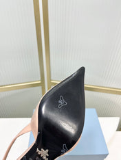 PRADA 26S SLINGBACK HIGH HEEL SANDALS 75MM IN NUDE CALFSKIN WITH LOGO