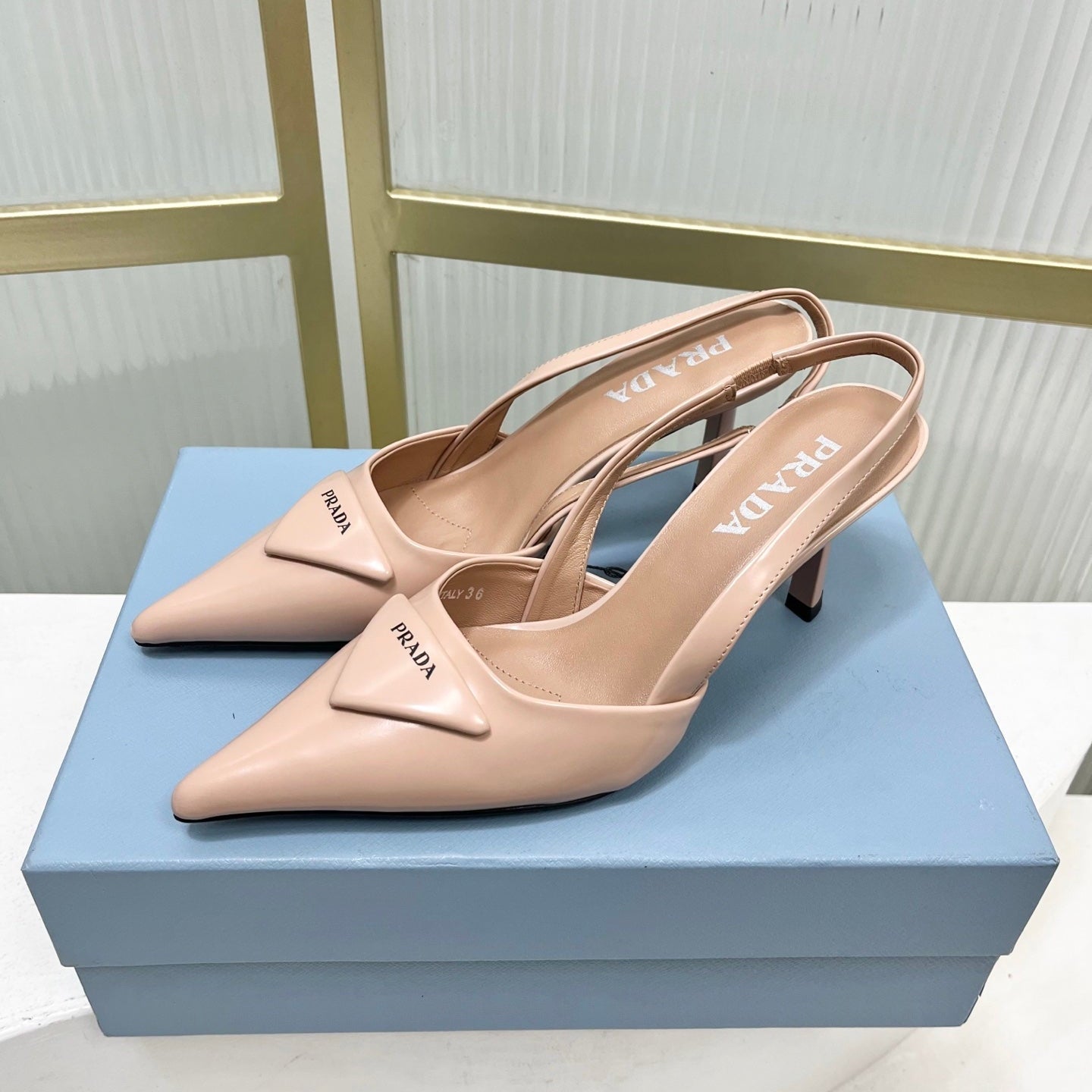 PRADA 26S SLINGBACK HIGH HEEL SANDALS 75MM IN NUDE CALFSKIN WITH LOGO
