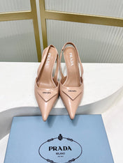 PRADA 26S SLINGBACK HIGH HEEL SANDALS 75MM IN NUDE CALFSKIN WITH LOGO