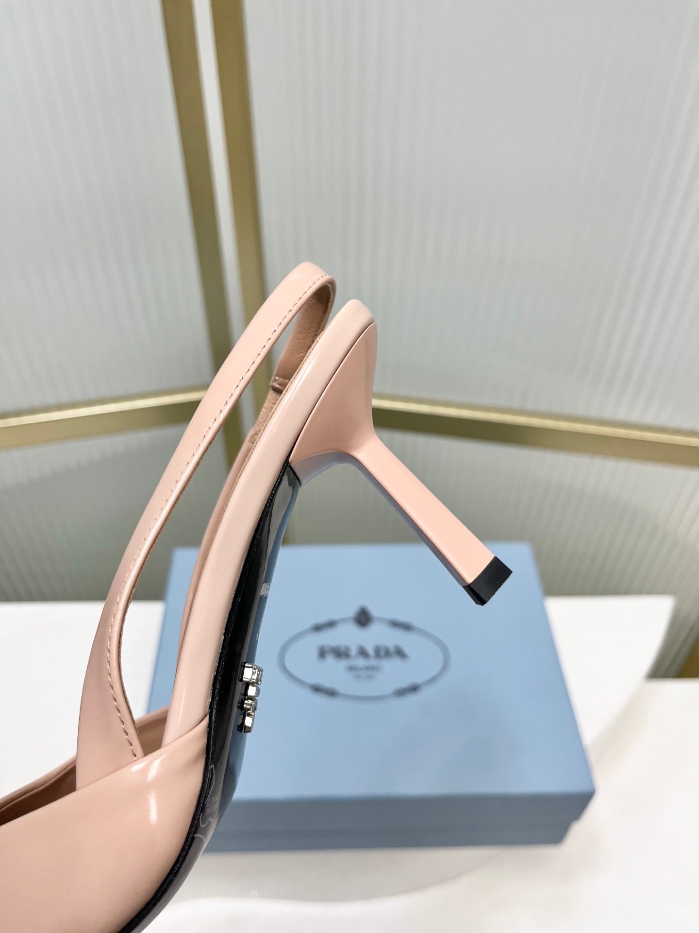 PRADA 26S SLINGBACK HIGH HEEL SANDALS 75MM IN NUDE CALFSKIN WITH LOGO