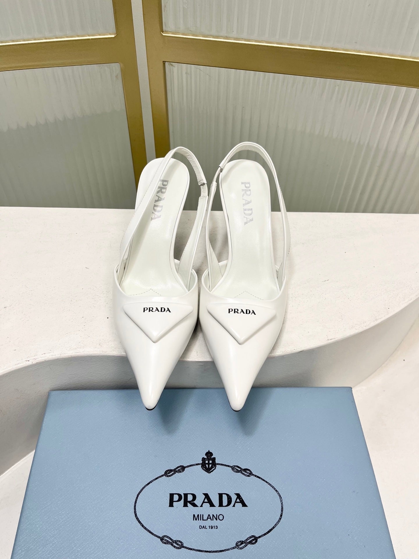 PRADA 26S SLINGBACK HIGH HEEL SANDALS 75MM IN WHITE CALFSKIN WITH LOGO