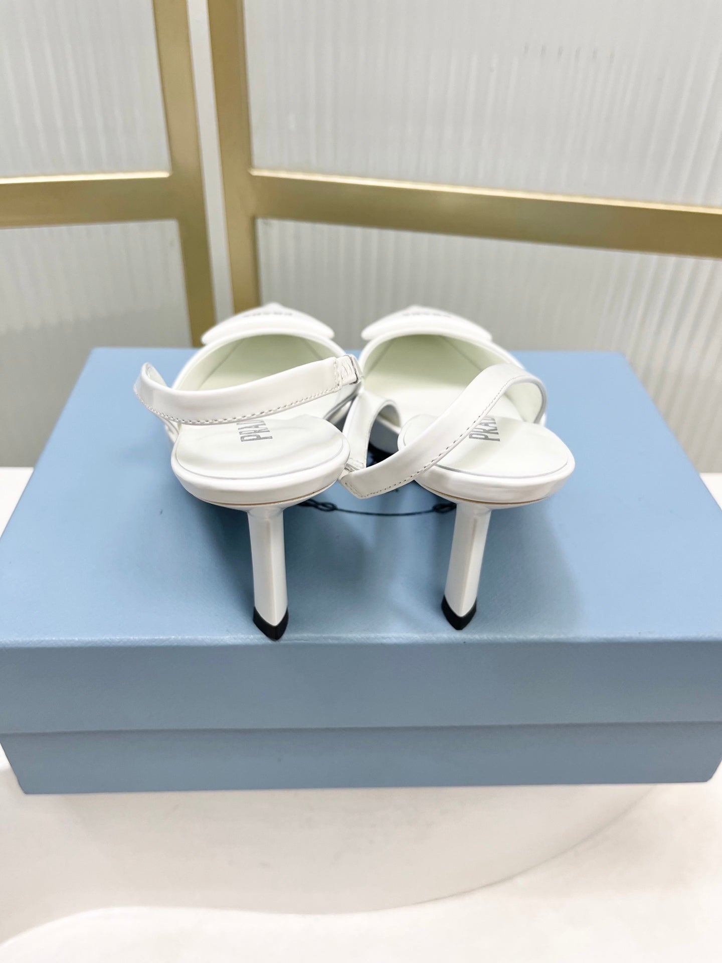 PRADA 26S SLINGBACK HIGH HEEL SANDALS 75MM IN WHITE CALFSKIN WITH LOGO