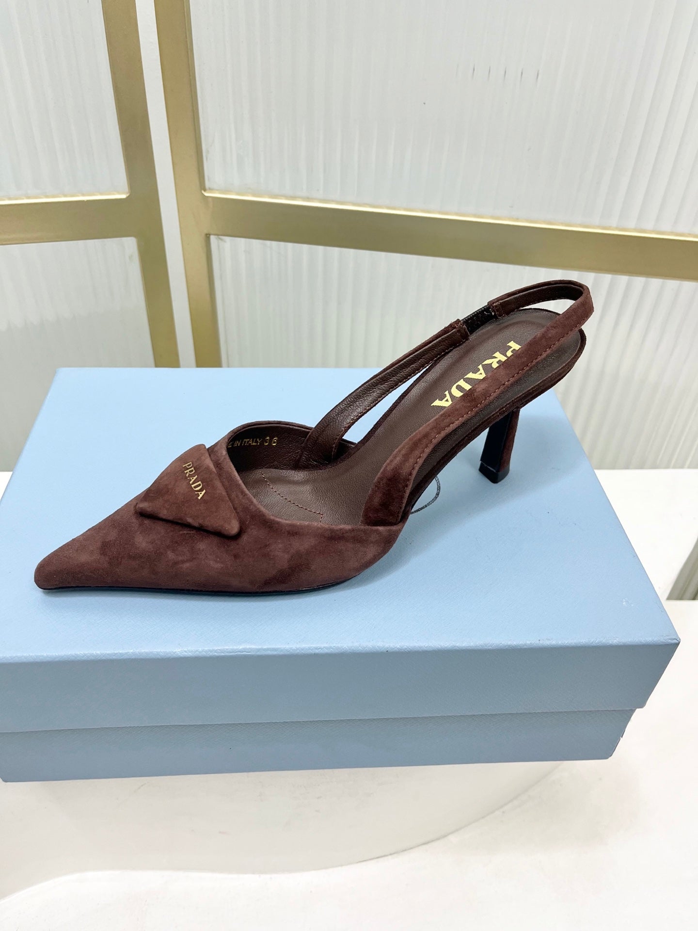 PRADA 26S SLINGBACK HIGH HEEL SANDALS 75MM IN DARK BROWN SUEDE WITH LOGO