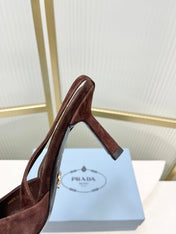 PRADA 26S SLINGBACK HIGH HEEL SANDALS 75MM IN DARK BROWN SUEDE WITH LOGO