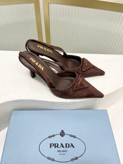 PRADA 26S SLINGBACK HIGH HEEL SANDALS 75MM IN DARK BROWN SUEDE WITH LOGO