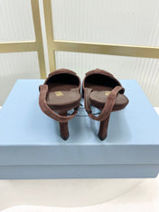 PRADA 26S SLINGBACK HIGH HEEL SANDALS 75MM IN DARK BROWN SUEDE WITH LOGO