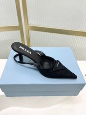 PRADA 26S SLINGBACK HIGH HEEL SANDALS 75MM IN BLACK SUEDE WITH LOGO