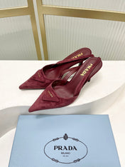 PRADA 26S SLINGBACK HIGH HEEL SANDALS 75MM IN DARK RED SUEDE WITH LOGO