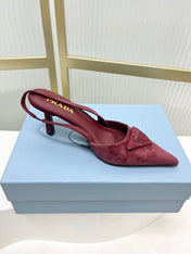 PRADA 26S SLINGBACK HIGH HEEL SANDALS 75MM IN DARK RED SUEDE WITH LOGO