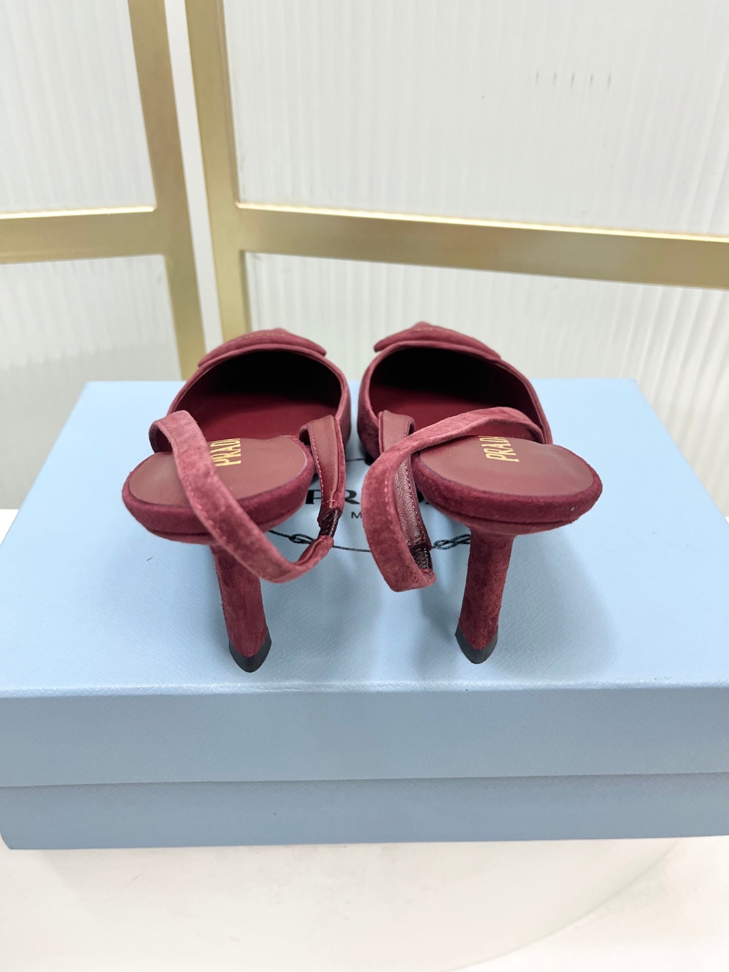 PRADA 26S SLINGBACK HIGH HEEL SANDALS 75MM IN DARK RED SUEDE WITH LOGO