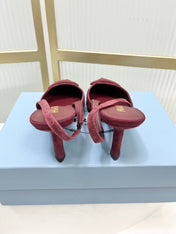 PRADA 26S SLINGBACK HIGH HEEL SANDALS 75MM IN DARK RED SUEDE WITH LOGO