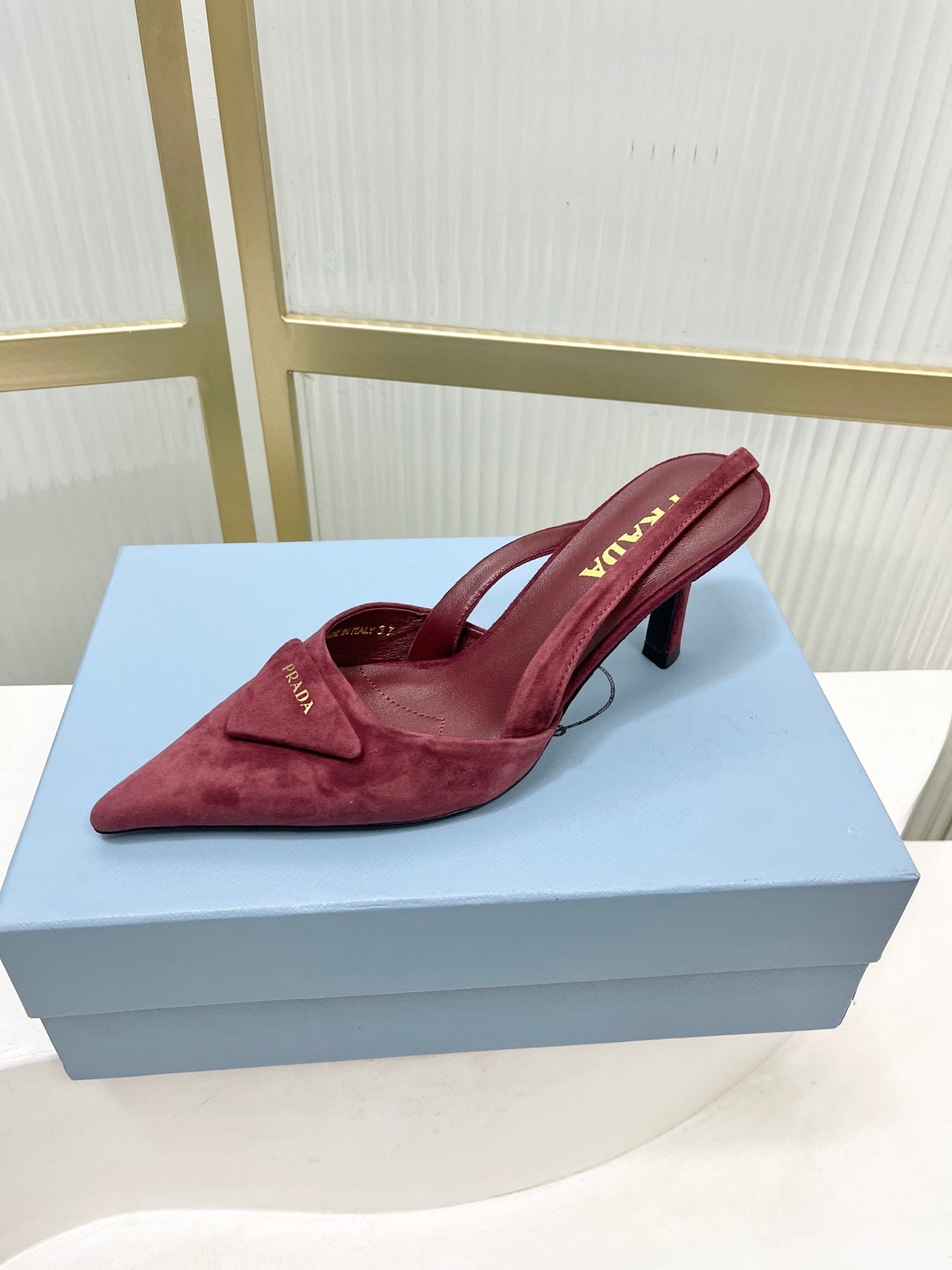 PRADA 26S SLINGBACK HIGH HEEL SANDALS 75MM IN DARK RED SUEDE WITH LOGO