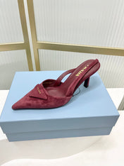 PRADA 26S SLINGBACK HIGH HEEL SANDALS 75MM IN DARK RED SUEDE WITH LOGO