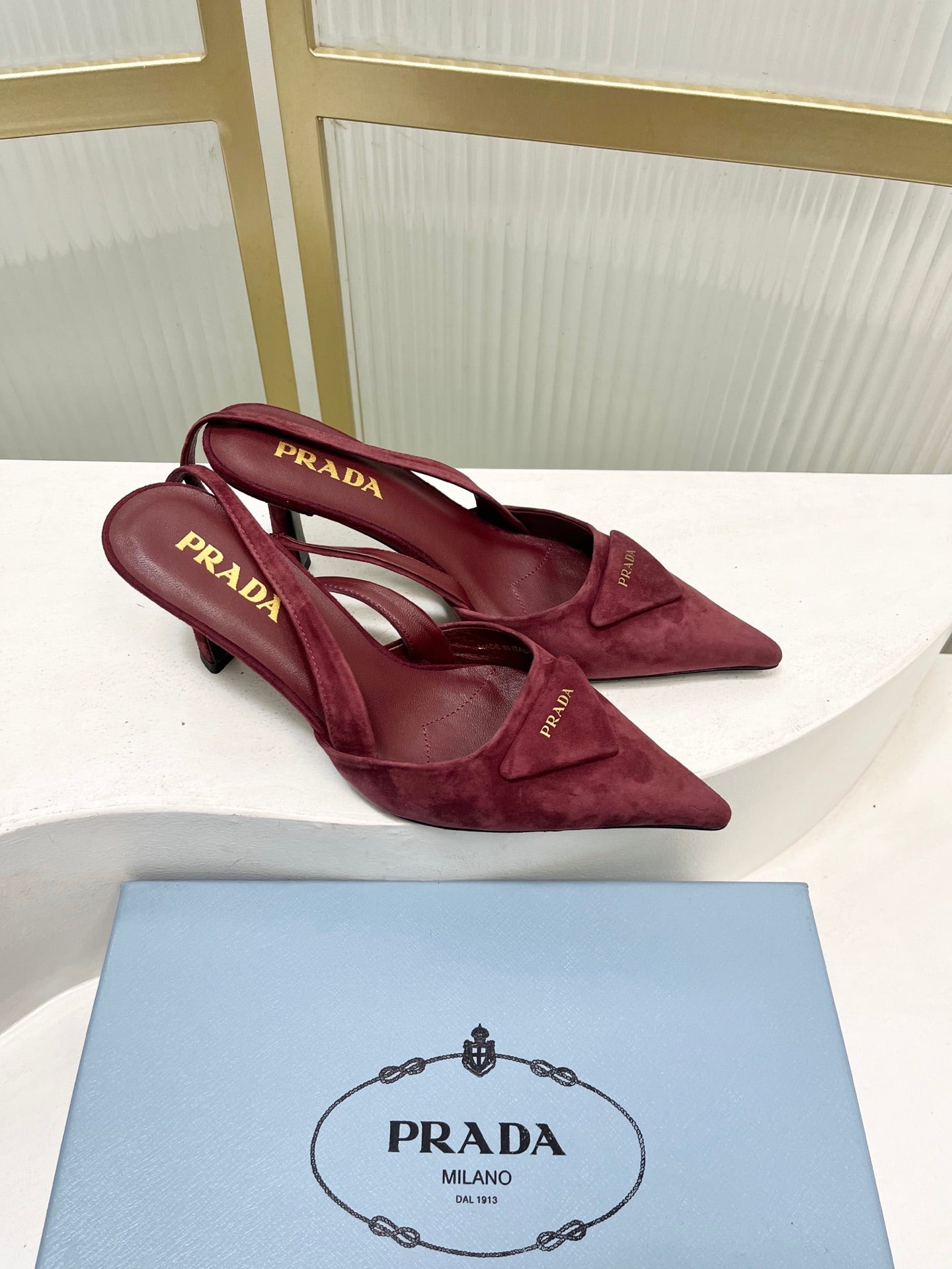 PRADA 26S SLINGBACK HIGH HEEL SANDALS 75MM IN DARK RED SUEDE WITH LOGO