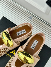 ALAIA MARY JANE SHOES IN BEIGE MESH WITH GOLD HARDWARE