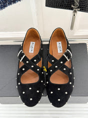 CROSSED STRAP BALLET FLATS IN BLACK SUEDE