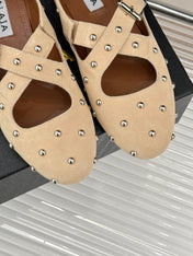 CROSSED STRAP BALLET FLATS IN TUSCAN BEIGE SUEDE