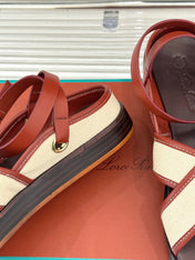 SANDALS THICK SOLE CROSS STRAP IN BEIGE FABRIC AND ORANGE CALFSKIN