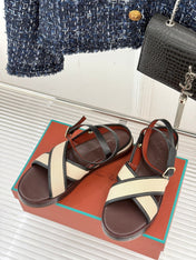 SANDALS THICK SOLE CROSS STRAP IN BEIGE FABRIC AND BROWN CALFSKIN