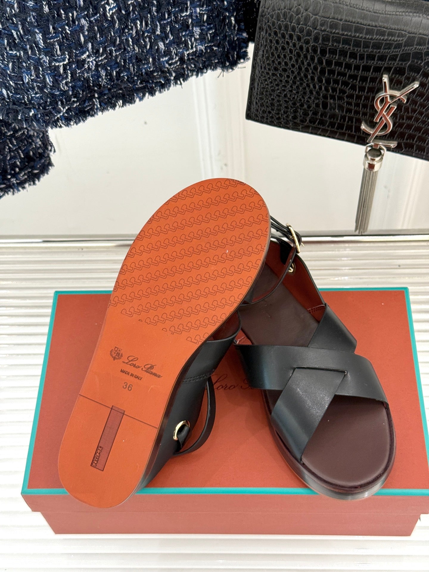 SANDALS THICK SOLE CROSS STRAP IN BLACK AND BROWN CALFSKIN
