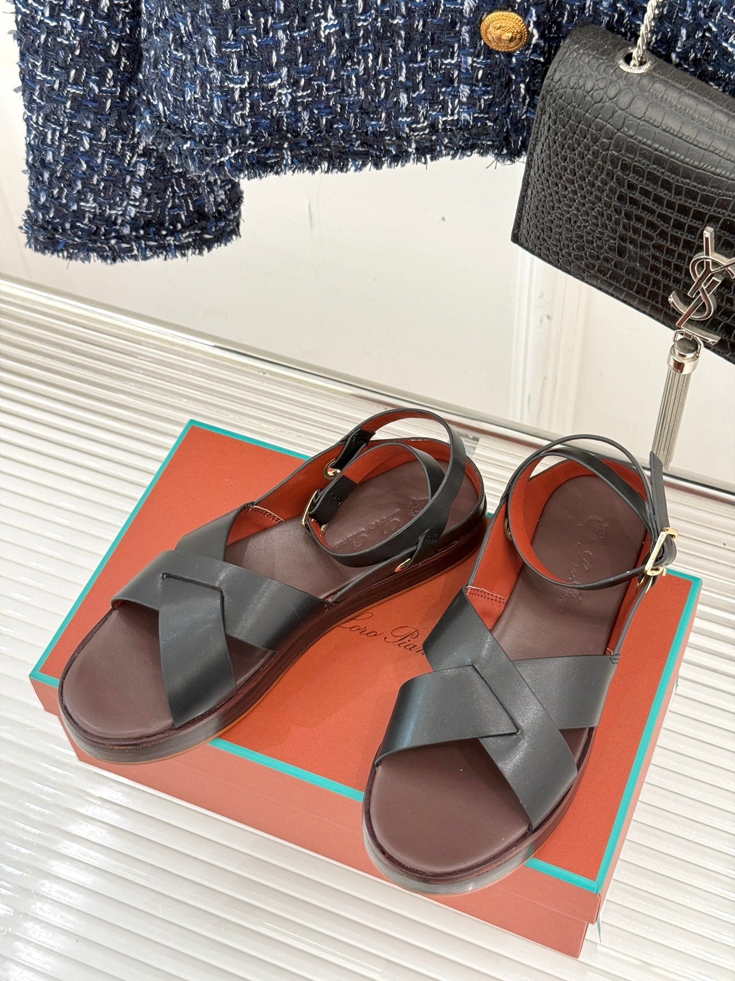 SANDALS THICK SOLE CROSS STRAP IN BLACK AND BROWN CALFSKIN