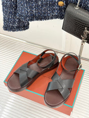 SANDALS THICK SOLE CROSS STRAP IN BLACK AND BROWN CALFSKIN