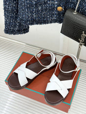 SANDALS THICK SOLE CROSS STRAP IN WHITE AND BROWN CALFSKIN