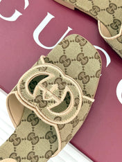 SLIDE SANDALS IN DARK BEIGE FABRIC EMBOSSED LOGO STYLE 3
