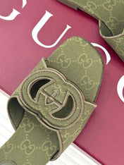 SLIDE SANDALS IN MOSS GREEN FABRIC EMBOSSED LOGO STYLE 2