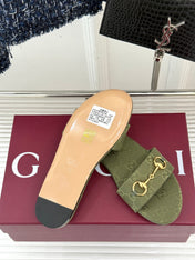 SLIDE SANDALS IN MOSS GREEN FABRIC EMBOSSED LOGO