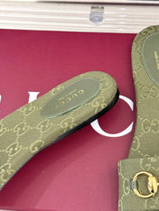 SLIDE SANDALS IN MOSS GREEN FABRIC EMBOSSED LOGO
