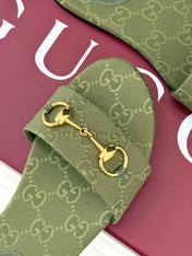 SLIDE SANDALS IN MOSS GREEN FABRIC EMBOSSED LOGO