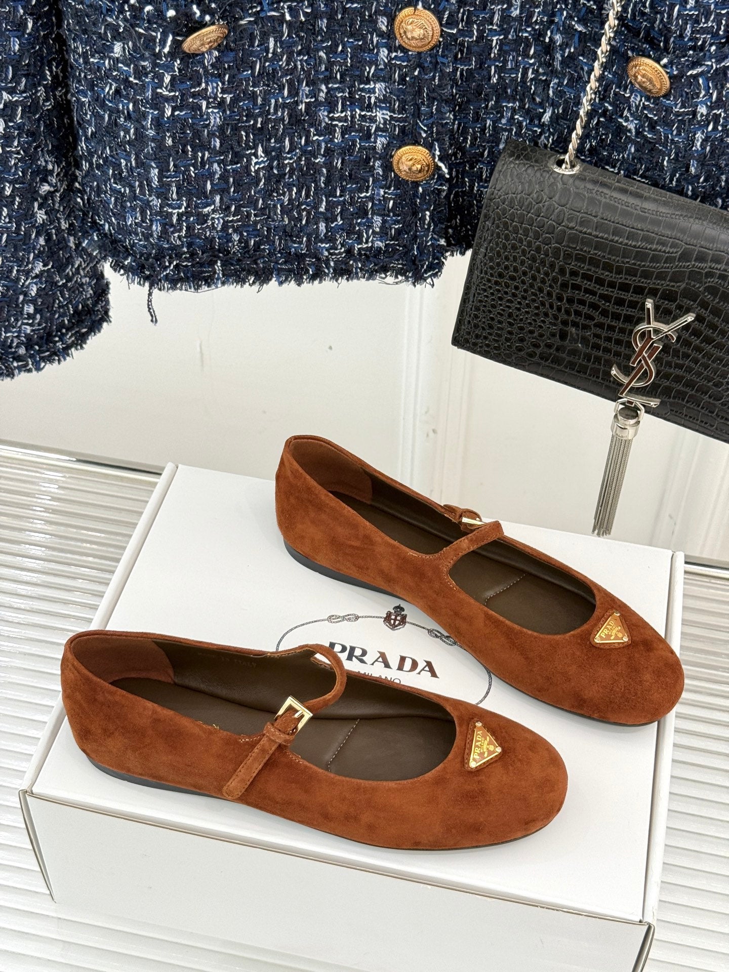 PRADA 25S SOFT PADDED BALLERINAS IN BURNT ORANGE SUEDE