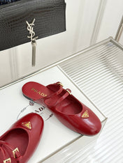 PRADA 25S DUAL MARY JANE BALLERINA MULES IN RED WINE CALFSKIN
