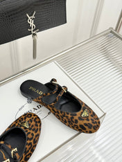 PRADA 25S DUAL MARY JANE BALLERINA MULES IN LEOPARD PRINT PONY HAIR