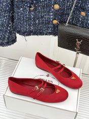 PRADA 25S DOUBLE STRAP BALLERINAS IN RED WINE SATIN