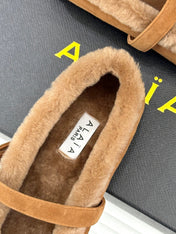 SHEARLING BALLET FLATS IN TAN BROWN SUEDE