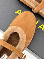 SHEARLING BALLET FLATS IN TAN BROWN SUEDE