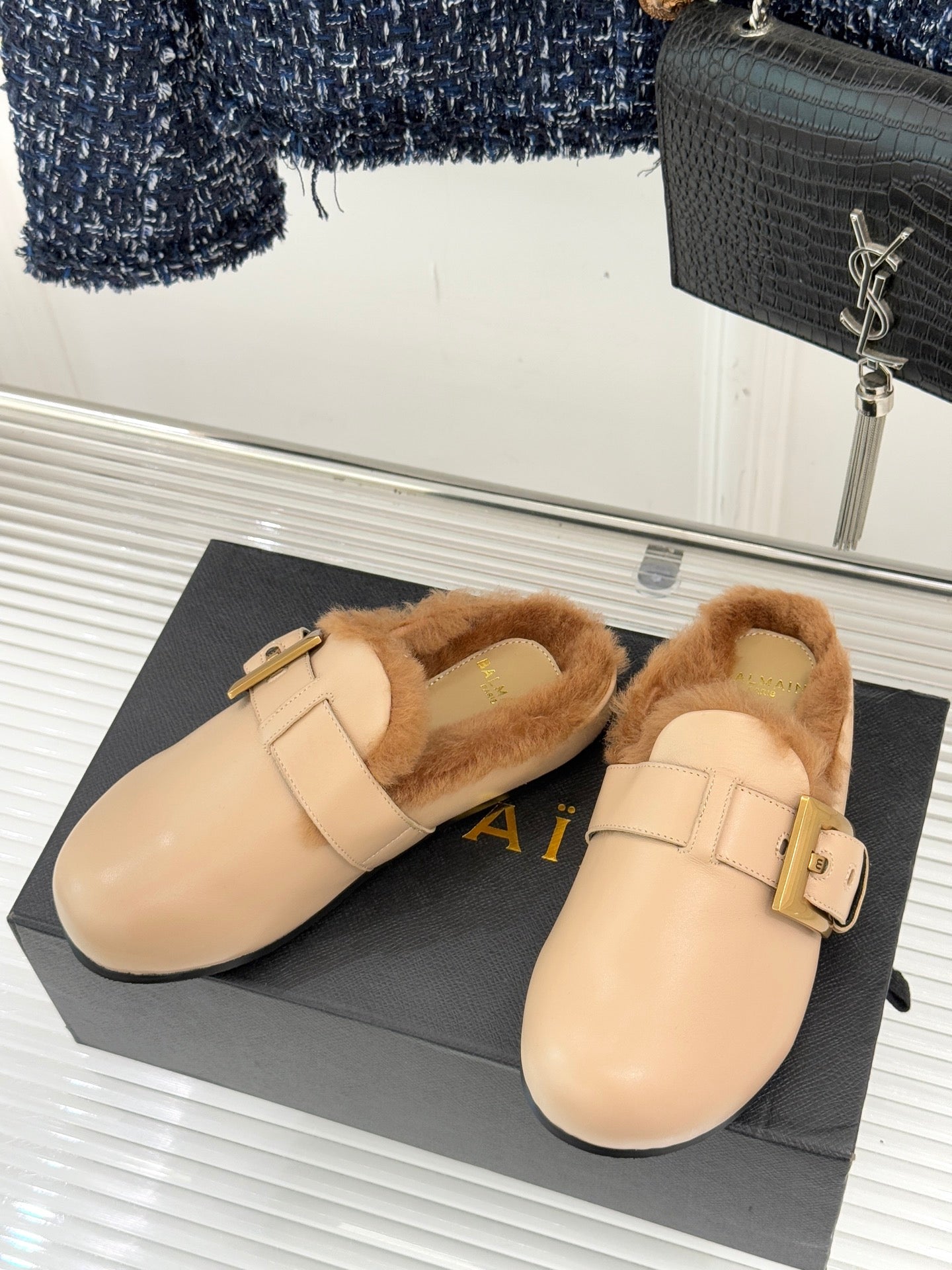BALMAIN 26S ANTHEM MULES IN BEIGE CALFSKIN