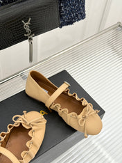 ALAIA 26S MARY JANE FLATS IN LIGHT YELLOW BEIGE LAMBSKIN WITH BOW