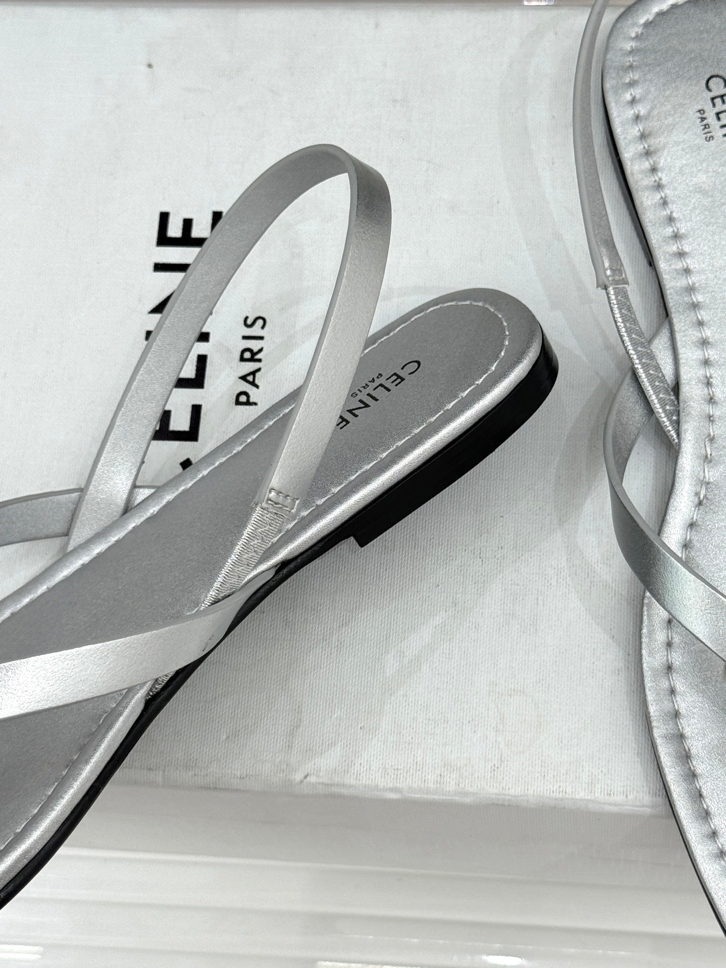 CELINE 26S THONG SANDALS IN SILVER CALFSKIN